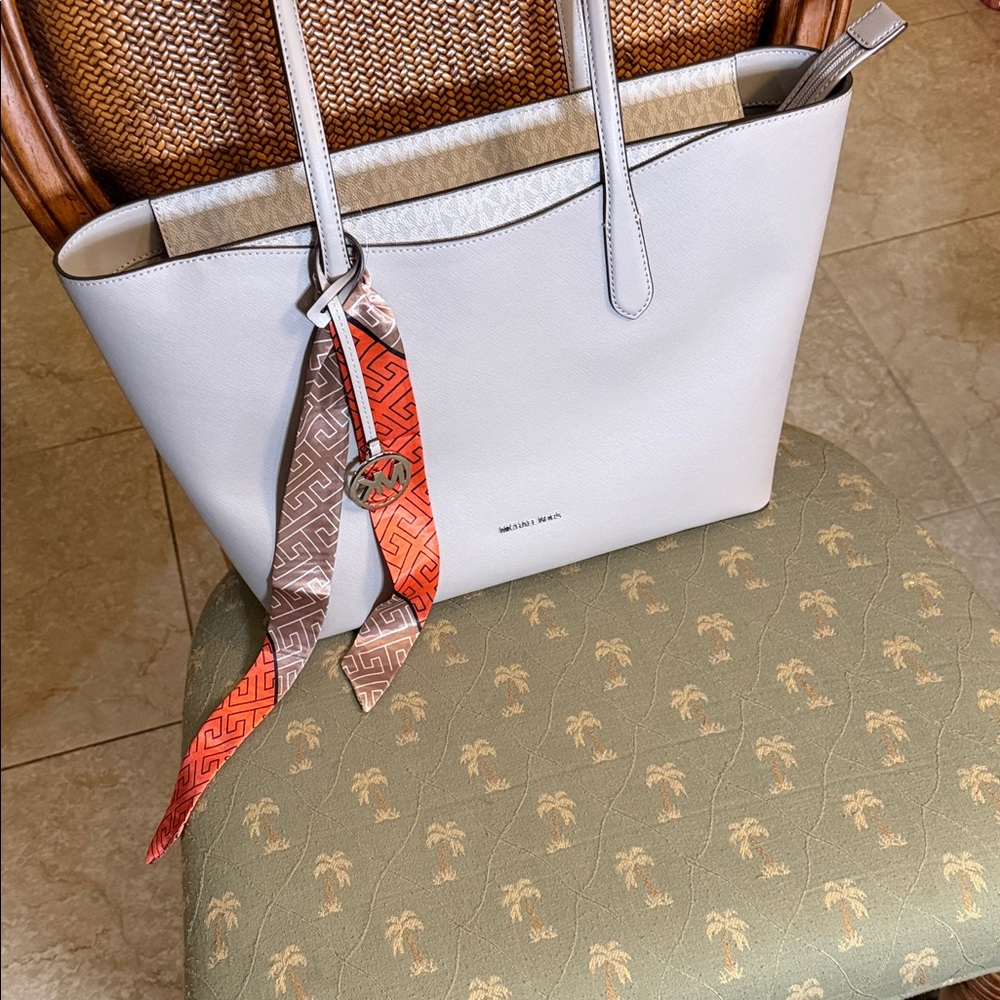 Pearl Grey Arden Michael Kors Large Tote Bag with Orange Accent Scarf